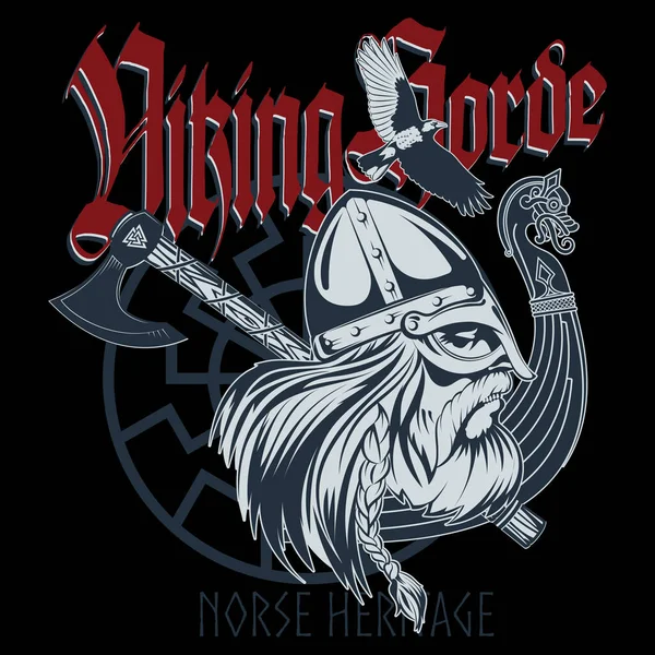 El guerrero nórdico Berserker. Cabeza vikinga, nave vikinga Drakkar, cuervo, escudo y hacha de batalla — Vector de stock