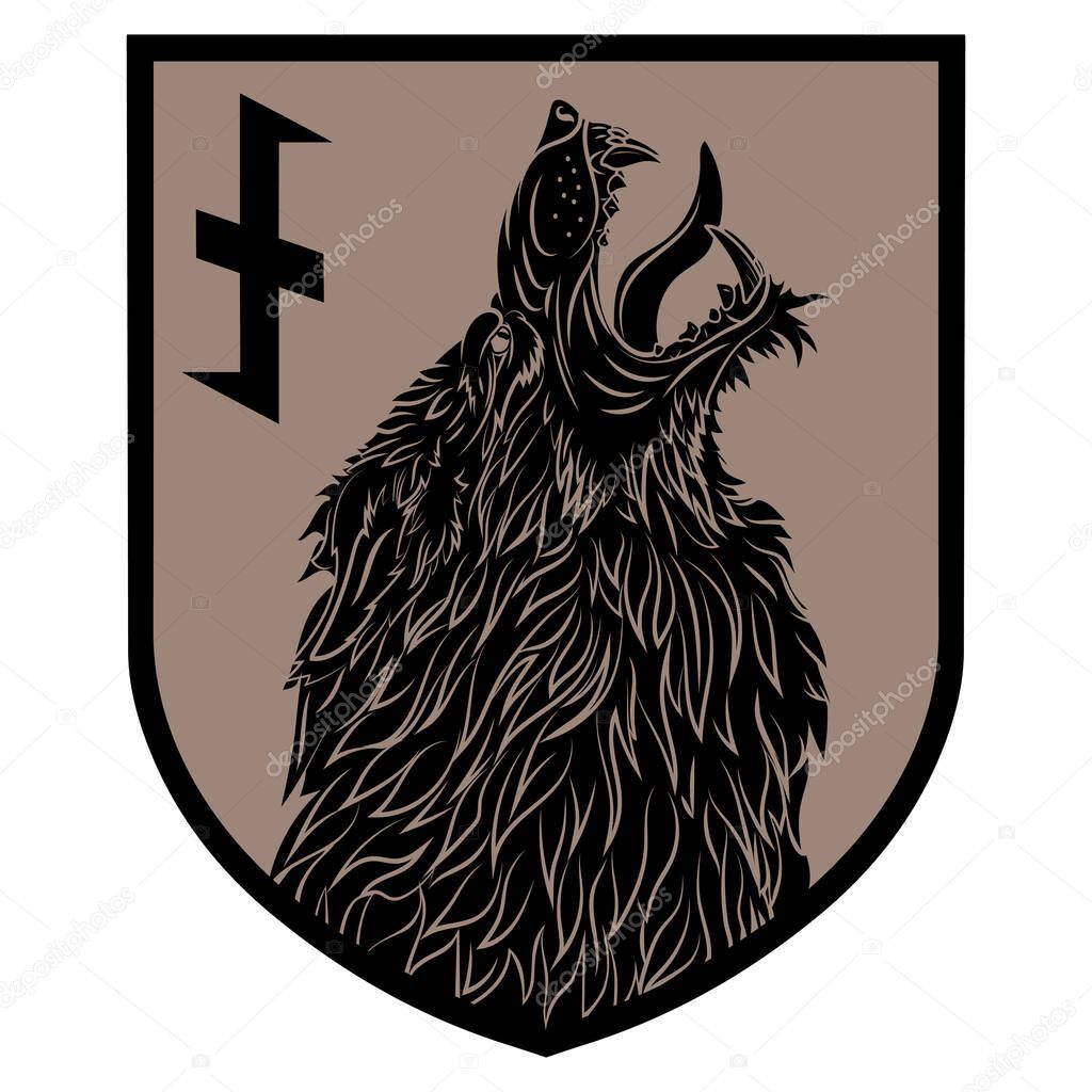 Design patch. Heraldic shield with a Werewolf and rune Wolfsangel