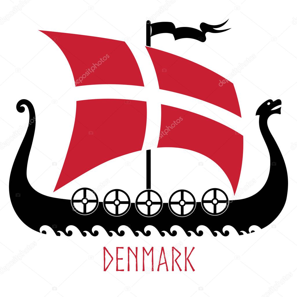 Warship of the Vikings - Drakkar and Denmark flag, isolated on white, vector illustration