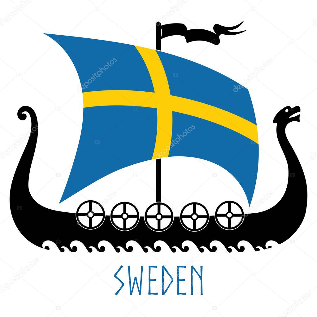 Warship of the Vikings - Drakkar and Sweden flag, isolated on white, vector illustration