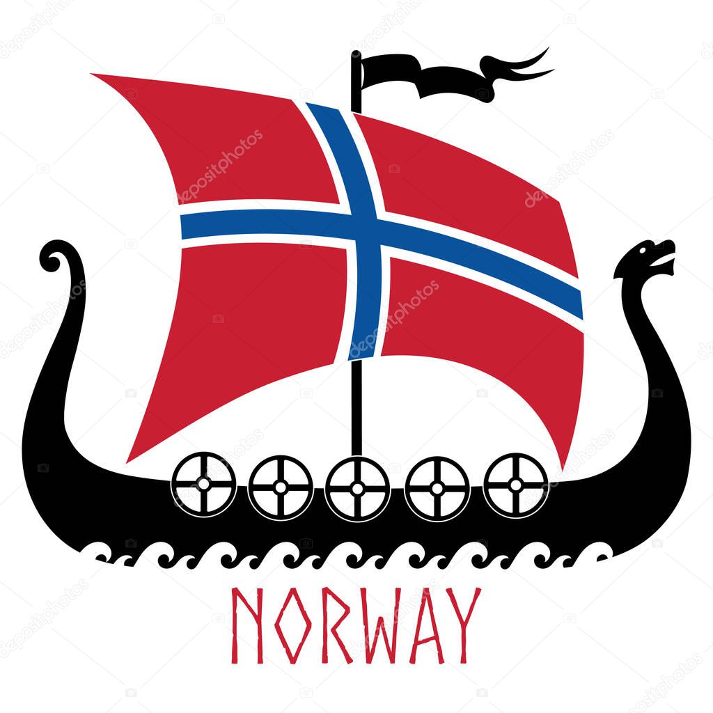 Warship of the Vikings - Drakkar and Norway flag, isolated on white, vector illustration