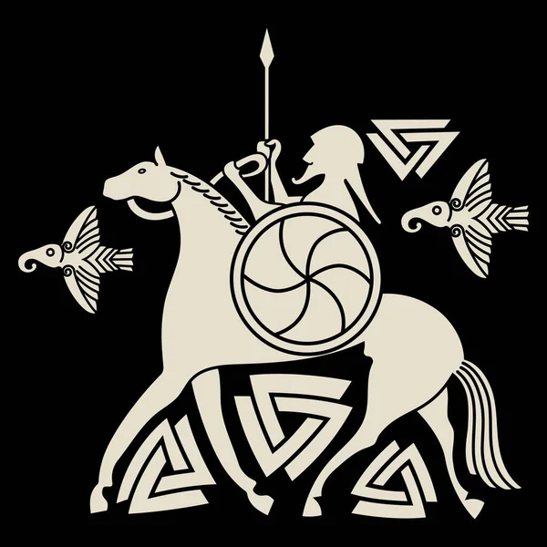 고대 스칸디나비아의 신오딘, 말을 탄 오딘. 노르웨이어 신화의 삽화 — 스톡 벡터