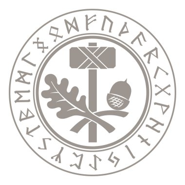 Thors hammer - Mjolnir. Scandinavian Runes and oak leaf ornament clipart