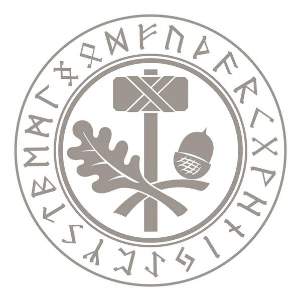 Martillo Thors - Mjolnir. Runas escandinavas y ornamento de hoja de roble — Archivo Imágenes Vectoriales