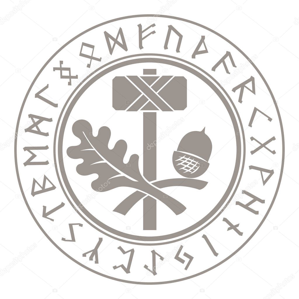 Thors hammer - Mjolnir. Scandinavian Runes and oak leaf ornament
