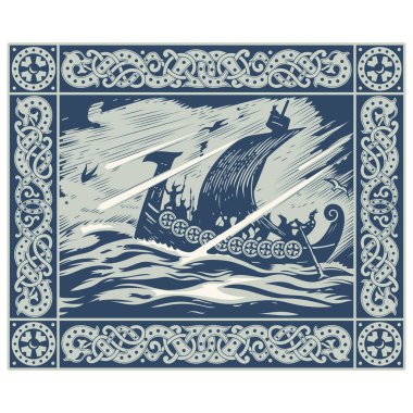 Viking design. Drakkar sailing in a stormy sea. In the frame of the Scandinavian pattern clipart
