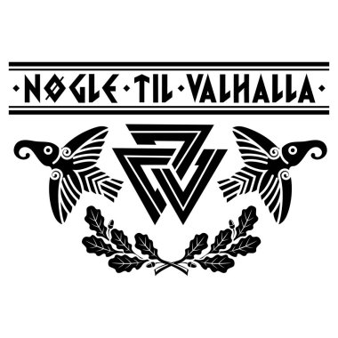 Valknut antik pagan Alman sembolü, antik İskandinav mührü, Viking sloganı - Valhalla, meşe yaprağı ve iki kuzgun