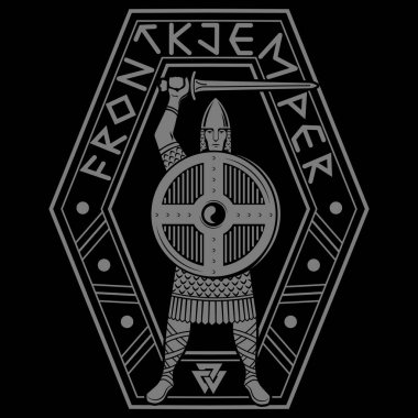 Viking Tasarımı. Eski İskandinav savaşçısı. Kılıçlı ve kalkanlı Viking. Norveç yazıtları Frontkjemper-Frontline avcı uçağı
