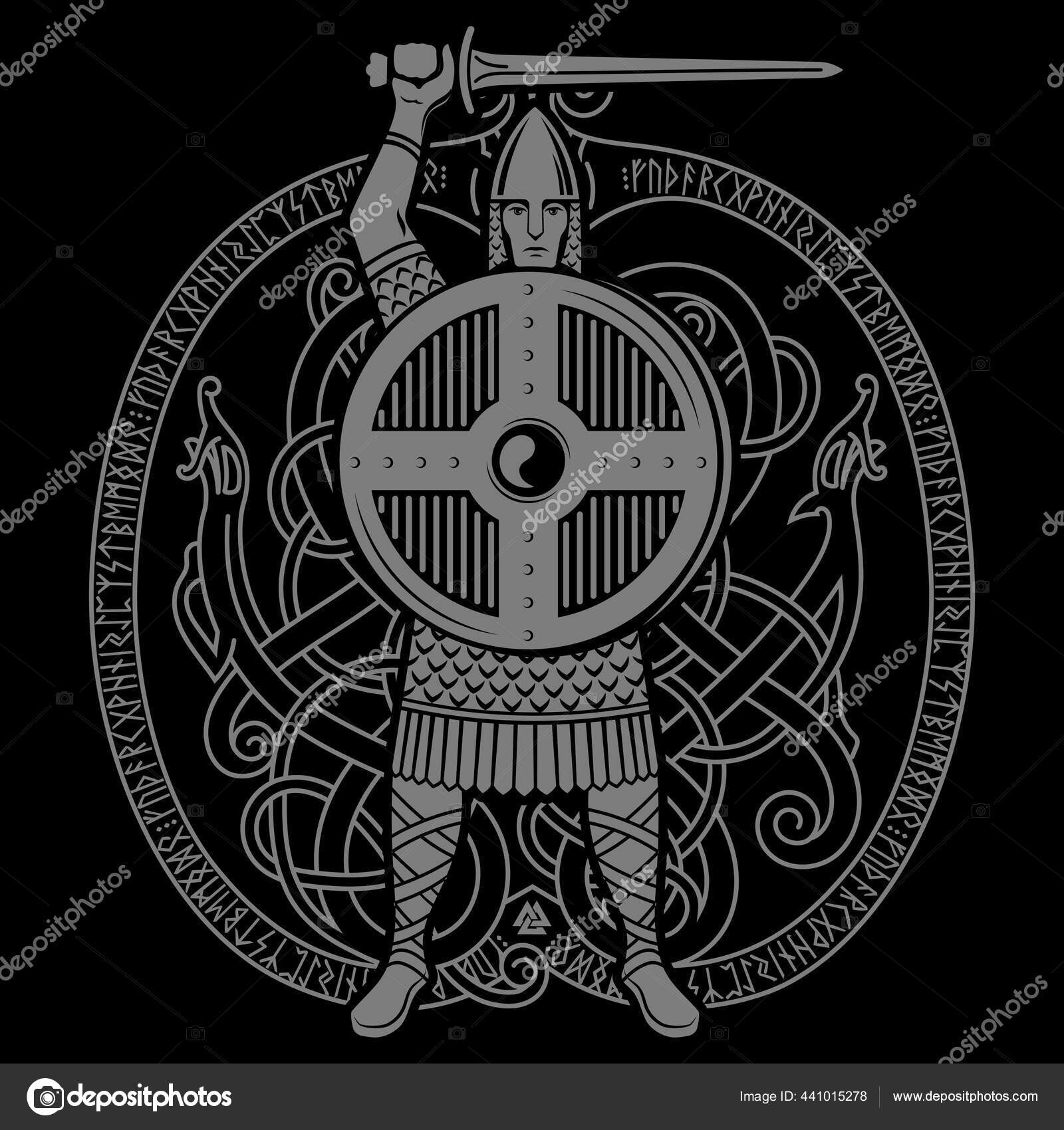 バイキングデザイン。旧北欧戦士。剣と盾でバイキング. ストックベクター ©Bourbon-88 441015278, image size:1600x1700