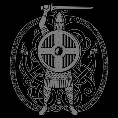 Viking Tasarımı. Eski İskandinav savaşçısı. Kılıçlı ve kalkanlı Viking.
