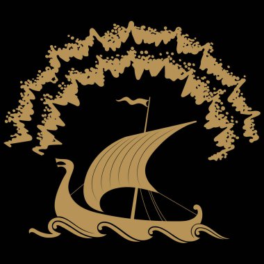 Viking, İskandinav tasarımı. Ejderha kafalı ve Kuzey Işıklı Drakkar.