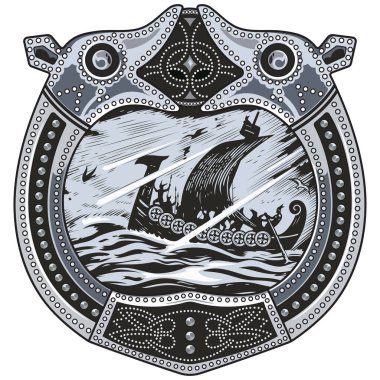 Viking tasarımı. Drakkar fırtınalı bir denizde yelken açıyor. İskandinav desenine göre,