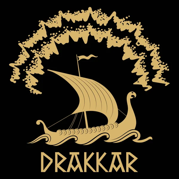 Viking, skandinavisk design. Drakkar med drakhuvud och norrsken — Stock vektor