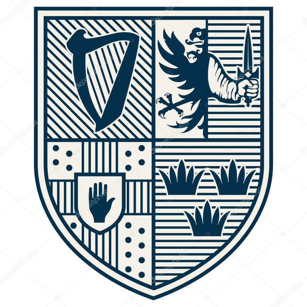 Irish Celtic design in vintage, retro style. Provinces of Ireland - Connacht, Leinster, Munster and Ulster, isolated on white, vector illustration