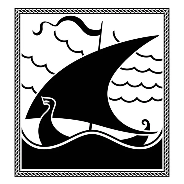 An ancient Scandinavian image of a Viking ship decorated with a dragon head. Drakkar logo — Stock Vector