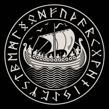 Viking tasarımı. Drakkar antik İskandinav runik sembollerinden oluşan bir çemberde. Eski İskandinav tarzında çizim