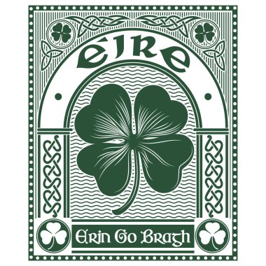 İrlanda Kelt tasarımı klasik, retro tarzı, Kelt tarzı yonca ve slogan Erin Go Bragh, Aziz Patrick Günü temalı bir illüstrasyon.