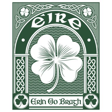 İrlanda Kelt tasarımı klasik, retro tarzı, Kelt tarzı yonca ve slogan Erin Go Bragh, Aziz Patrick Günü temalı bir illüstrasyon.