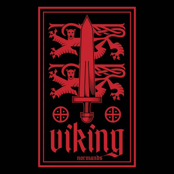 Diseño vikingo. Leones heráldicos con espada vikinga, signos solares y letras vikingas en letra gótica — Archivo Imágenes Vectoriales