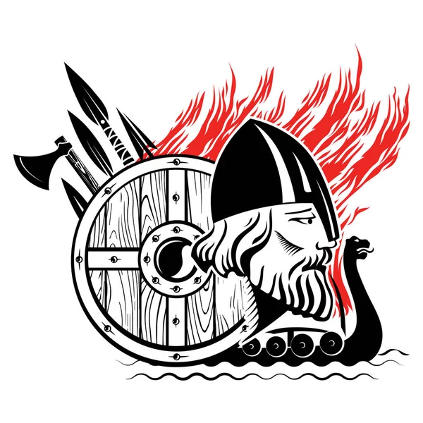 Old Scandinavian design. Norse Warrior Berserker, Viking Ship Drakkar, Shield and War Weapons — Stock Vector