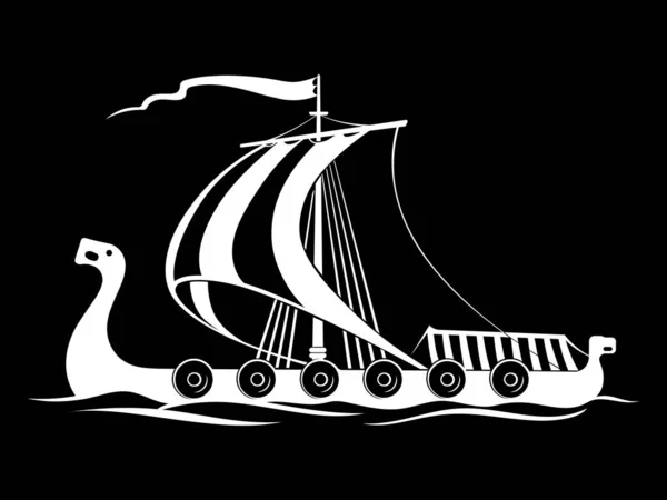 Vikingontwerp. Schip Drakkar zeilen in een stormachtige zee — Stockvector