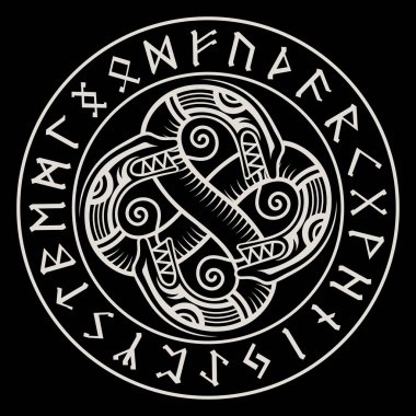 İskandinav Viking tasarımı. Kelt tarzı antik dekoratif ejderha, İskandinav düğümü çizimi ve kuzey rünleri.