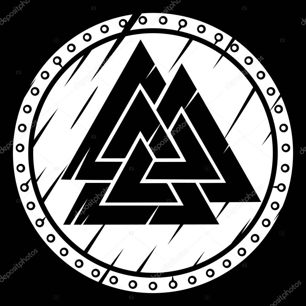 Scandinavian Viking design. Viking shield and the sign of the Old Norse God Odin - Valknut, vector illustration