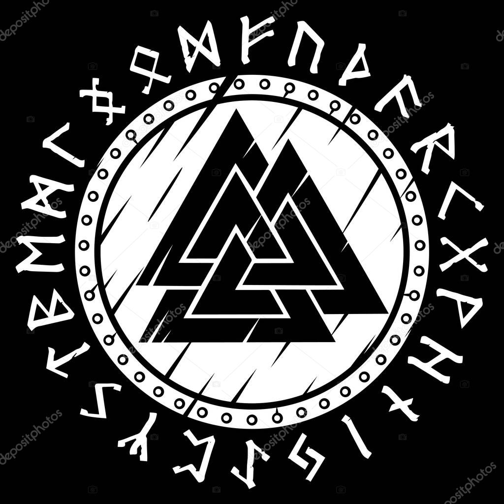 Scandinavian Viking design. Viking shield with northern runes, old Norse alphabet, vector illustration