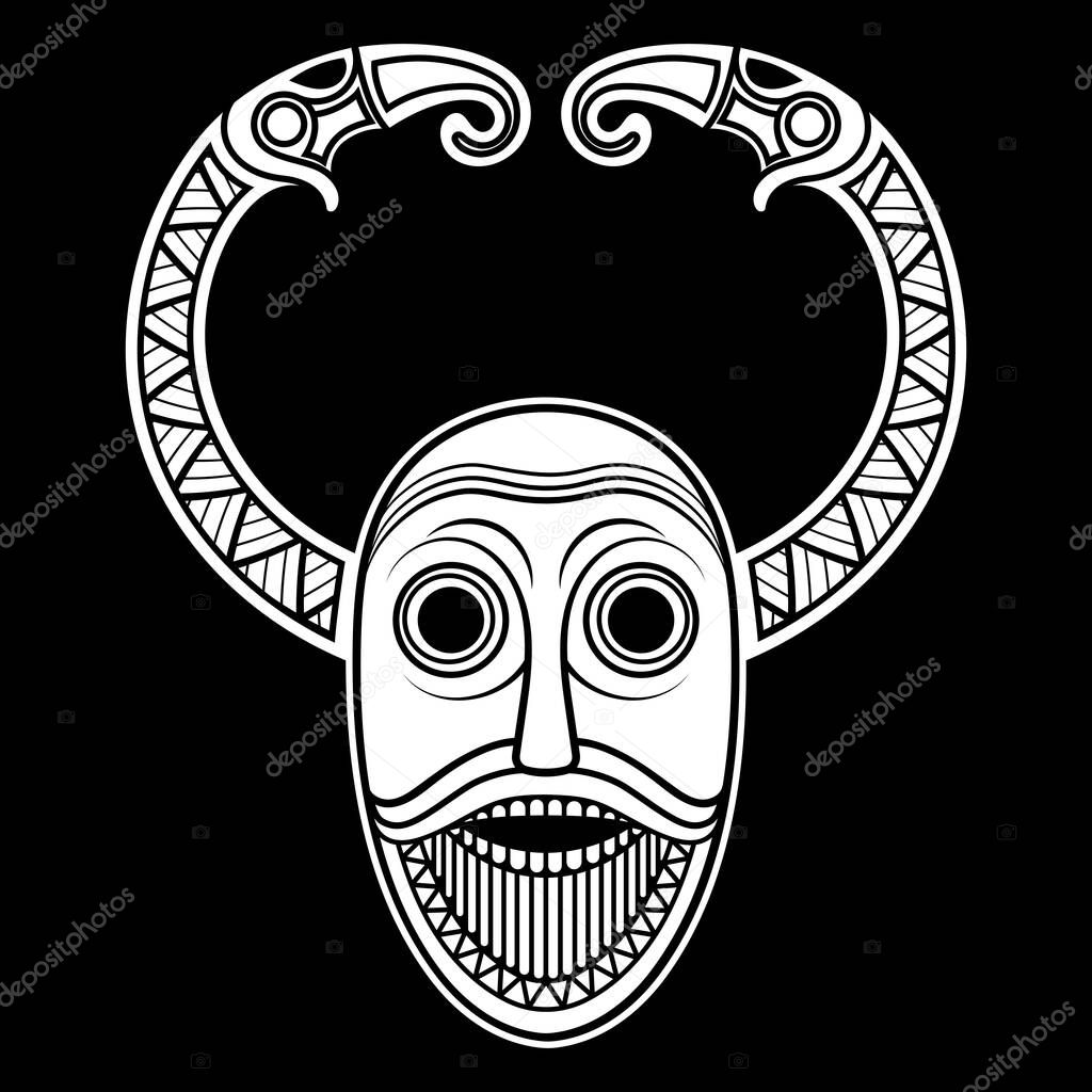 Viking, Old Norse design. Scandinavian God Odin and Two Crows, isolated on black, vector illustration