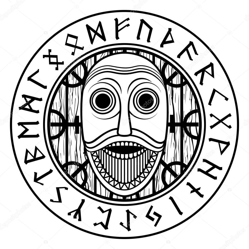 Viking, Old Norse design. Scandinavian God Odin and Runes , isolated on white, vector illustration