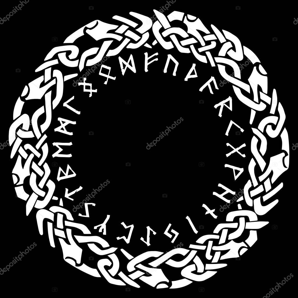 Scandinavian Viking design. Viking shield with northern runes - old Norse alphabet and Old Celtic Scandinavian braided pattern