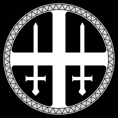 İskandinav Viking tasarımı. Güneş haçı, Eski Norveç süsü ve iki Viking kılıcı.