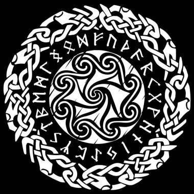 Antik Kelt, İskandinav deseni, İskandinav düğümü - çalışma illüstrasyonu ve rünleri - Eski İskandinav alfabesi