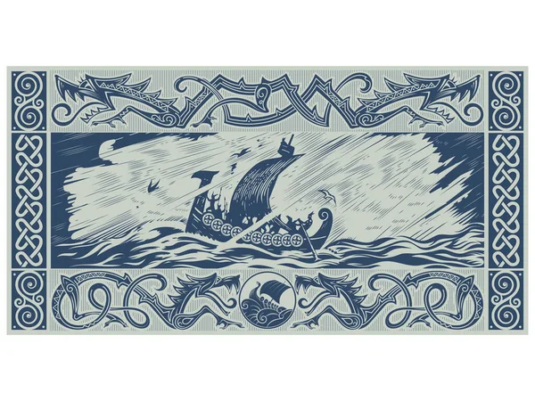 Diseño escandinavo. Barco vikingo Drakkar con cabeza de dragón. Nave de guerra de los vikingos, patrón escandinavo en forma de dragón alado — Archivo Imágenes Vectoriales