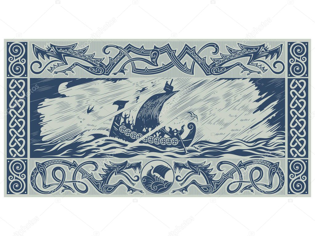Scandinavian design. Viking ship Drakkar with a dragons head. Warship of the Vikings, Scandinavian pattern in the shape of a winged dragon