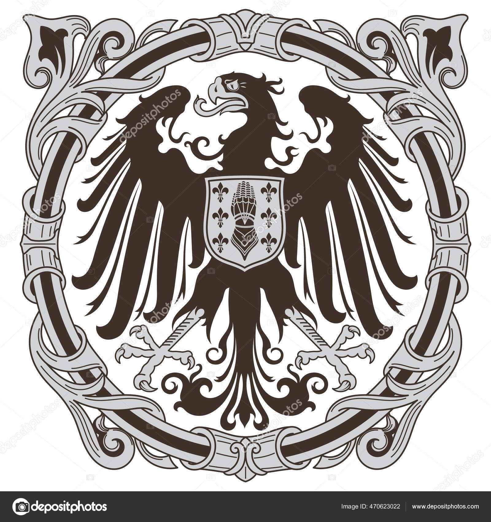 中世の紋章のデザイン、紋章の鷲、騎士の盾、花の装飾の ストックベクター ©Bourbon-88 470623022, image size:1600x1700