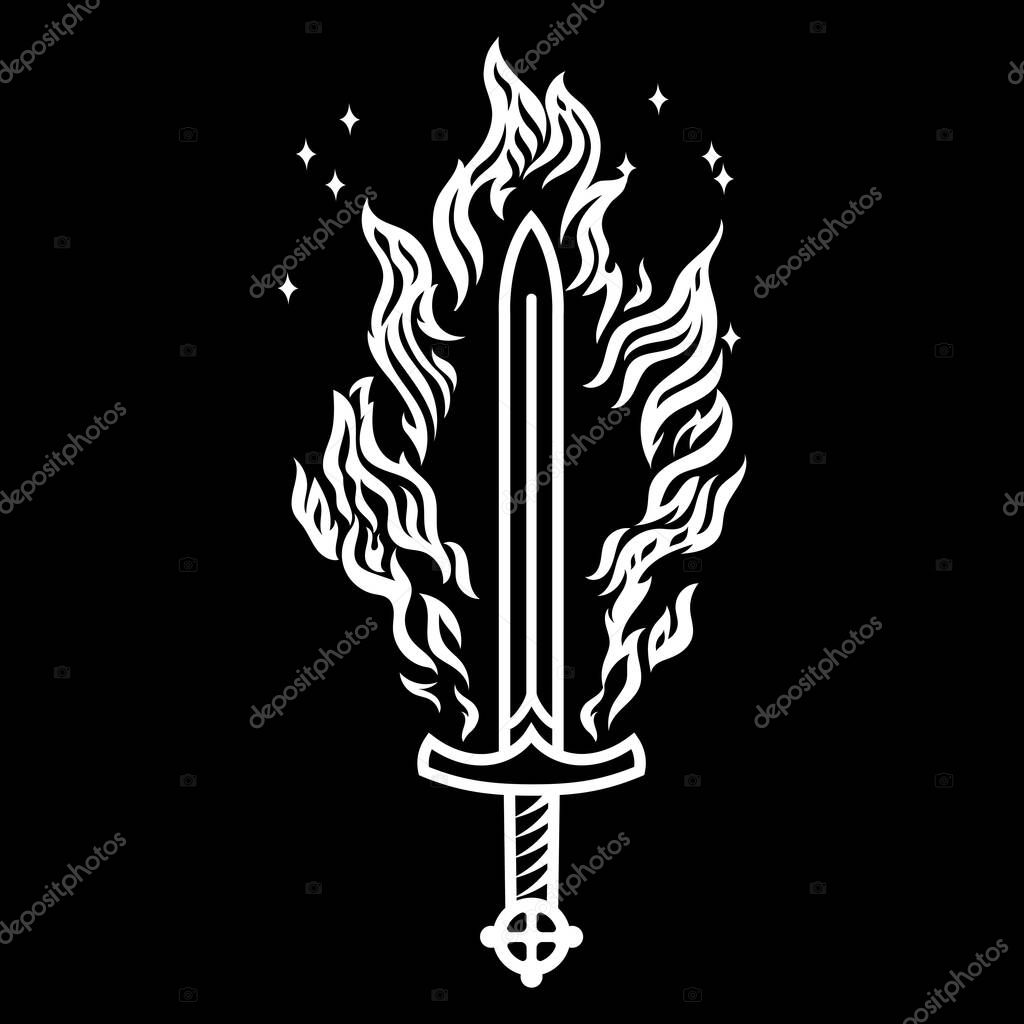 Viking Scandinavian design. Burning sword of an ancient Scandinavian Viking warrior, isolated on black, vector illustration
