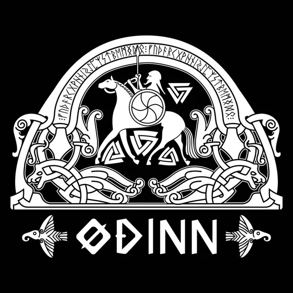Σκανδιναβικό σχέδιο Βίκινγκ, ο Θεός Odin σε ένα άλογο πολέμου και παλιά Νορβηγικά στολίδι με ρούνους — Διανυσματικό Αρχείο