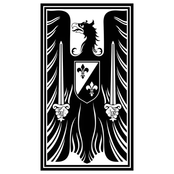 Disegno cavalleresco. Emblema araldico medievale, aquila araldica e scudo cavalleresco — Vettoriale Stock
