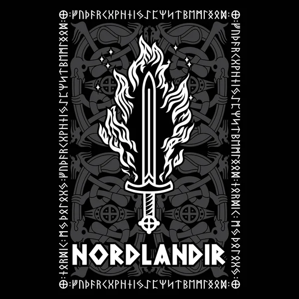 Viking, skandinavisk design. Flammande vikingasvärd och inskription - nordbo i Norse — Stock vektor