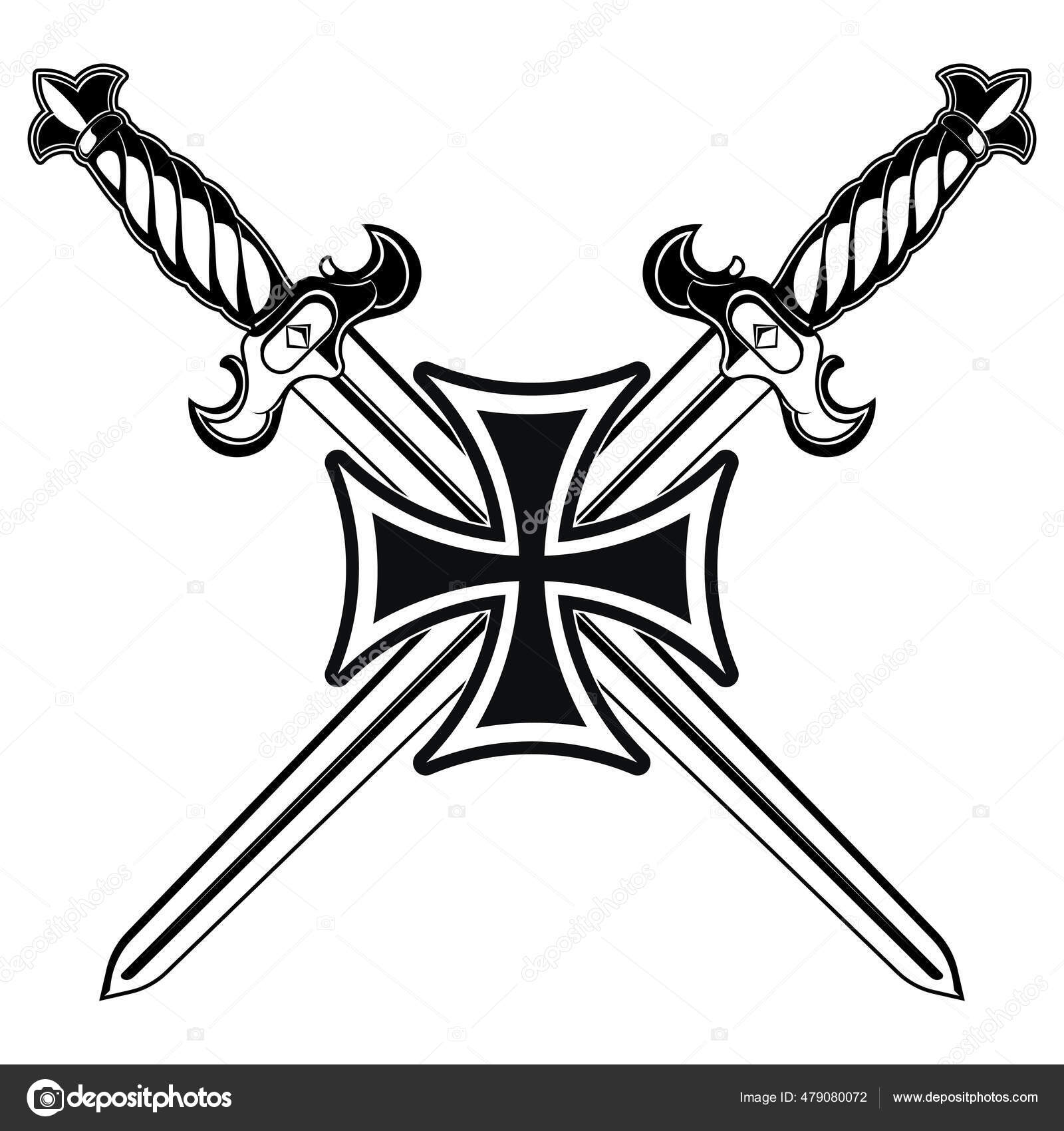 An old weapon on a white background. Crossed swords. Vector illustration of  a cartoon style, Stock vector