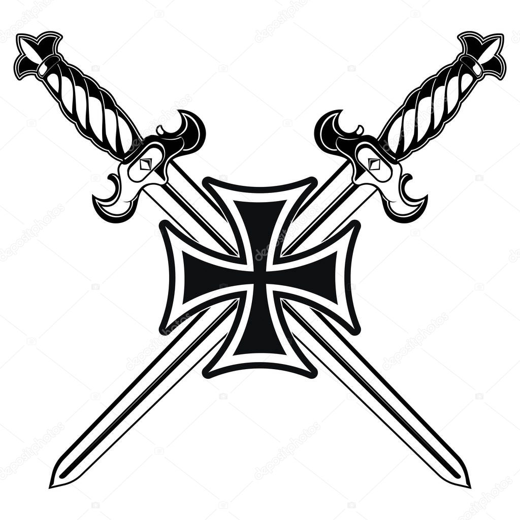 Knightly design. Iron cross and two medieval knight crossed swords