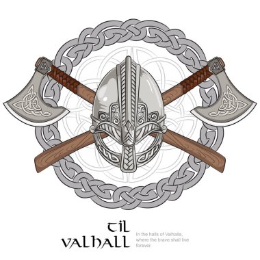 Viking miğferi, çapraz Viking baltaları ve İskandinav desenli bir çelenk.
