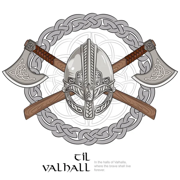 Casque viking, haches vikings croisées et couronne de motifs scandinaves — Image vectorielle