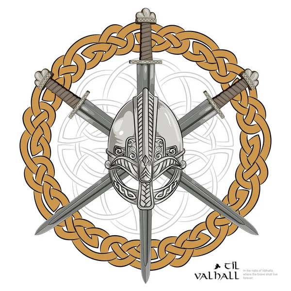 Casco vikingo con tres espadas cruzadas sobre fondo Patrón escandinavo — Archivo Imágenes Vectoriales