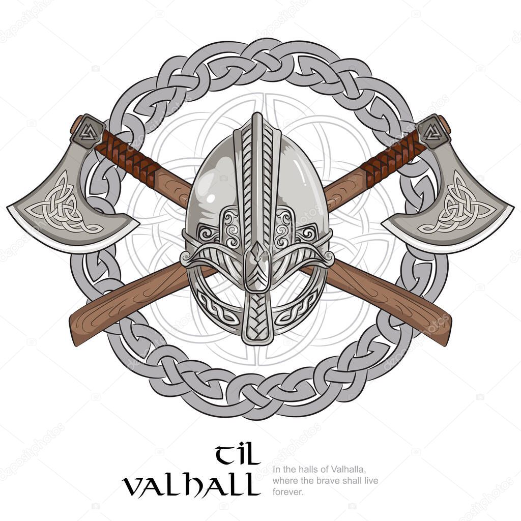 Viking helmet, crossed viking axes and in a wreath of Scandinavian pattern