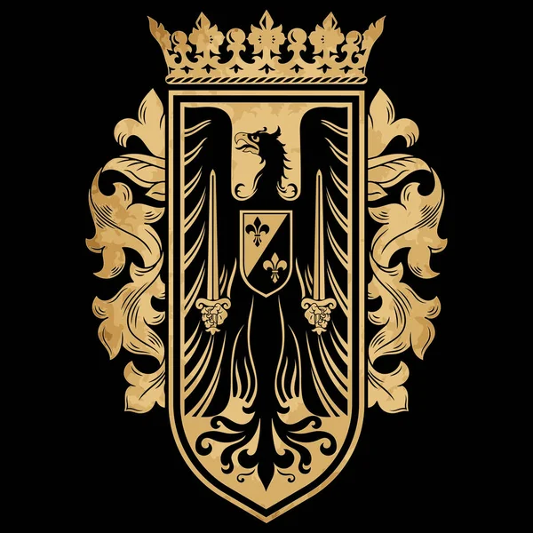 Projeto da noite. Design de emblema heráldico medieval, águia heráldica e escudo de cavaleiros —  Vetores de Stock