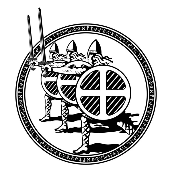 Vikingo, diseño escandinavo. Guerreros del norte berserkers con espadas y escudos — Vector de stock