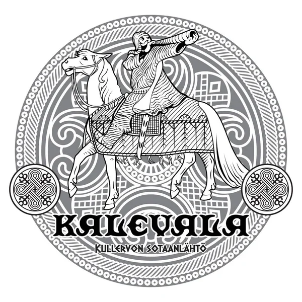 Vikingo, diseño escandinavo. Un guerrero en un caballo de guerra. Ilustración de la epopeya folclórica finlandesa Kalevala — Archivo Imágenes Vectoriales