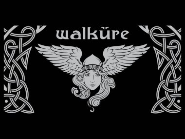 Viking Tasarımı. Kanatlı kasklı Valkyrie. Valkyrie 'nin resmi, İskandinav mitolojisinden bir kadın savaşçı.